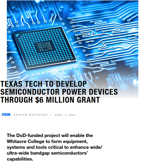 Texas Tech to develop semiconductor power devices through $6 million grant